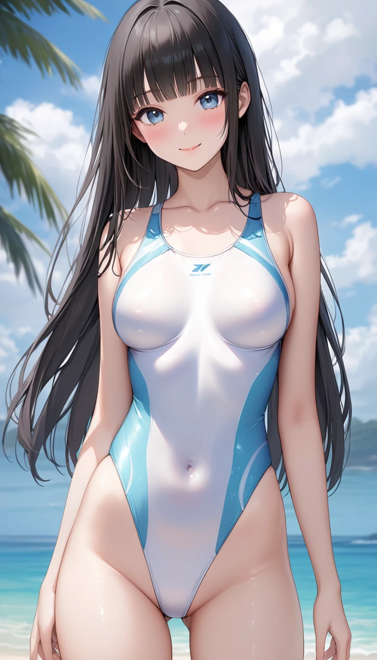 Adult woman with long straight black hair and huge breasts，Bare arms，Purple and white swimsuit，thigh，beach