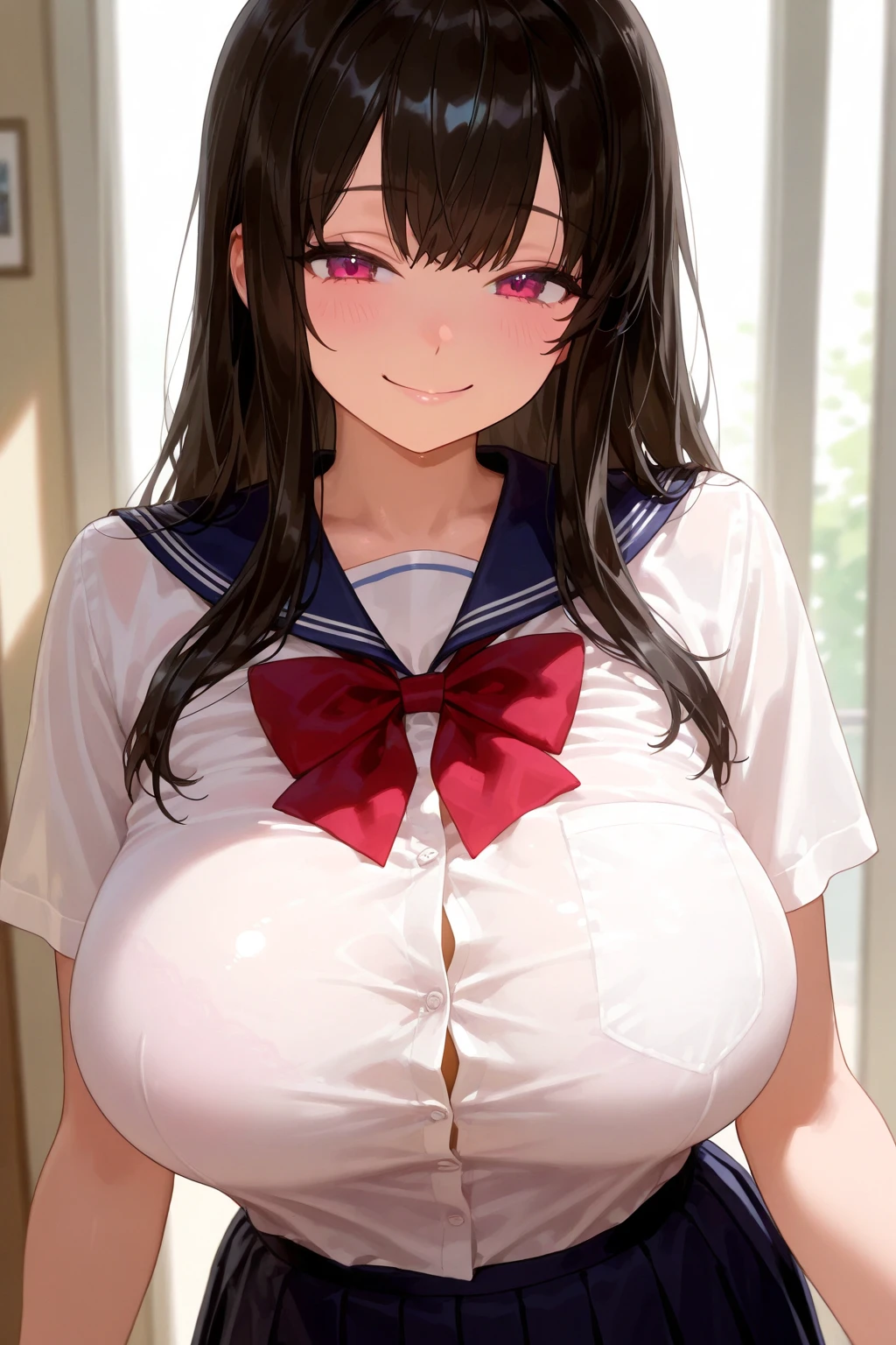 ((highest quality, 8K, masterpece :1.4,アニメ)), highest real,Sharpness:1.3, Perfect Body Beauty:1.4,super detailed face and skin texture,((Super Real,best quality)),(soft lighting),super detailed face, fine eyes, double eyelid,(ass pov),(((1 girl))),((make eye contact with the audience)),((Composition from the front:1.4)),fine detail,highly detailed face and eyes, (cute face:1.6), ((NSFW:1.6)), my sister,18years old,(huge breasts :2,beautiful areola,small areola),(Glowing skin),---//background//---(Inside the In school, in the classroom, bright room, large windows, sunlight shines in)---//Hairstyle//---(Beautiful BLACK hair:1.2,Loose and fluffy perm:1.4)---//expression//---(SMILE FACE:1.4)---//Pause//---(crawl on all fours on the bed:1.4,on all fours on the bed:1.4,hands on bed:1.5),((close up face:1.5,UPPER body:1.4)),---//clothing//---((school uniform:1.4,sailor suit:1.4,RED RIBBON TIE:1.4)),((she is wearing an white shirt:1.5)),(RED SKIRT:1.2,Red and white check pattern:1.2))---//Titty fuck//---(((LONG penis, breasts blowjob, paizuri:1.5, penis is between breasts, penis in breasts, breast squeeze,press breasts together,Close your breast with both hands)))