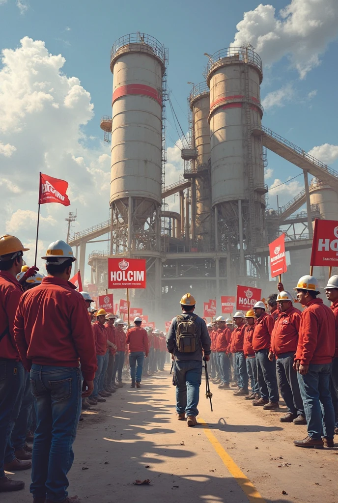 Metalworkers protest in front of a modern factory, with big blue banners, whites and yellows, demanding more rights. The workers are united, some with arms crossed, and the scene is filled with an atmosphere of determination and struggle, banners and banners with phrases: "2024 Salary Campaign", workers in blue uniforms, Yellow safety helmet, from front to camera, Bottom Factory.