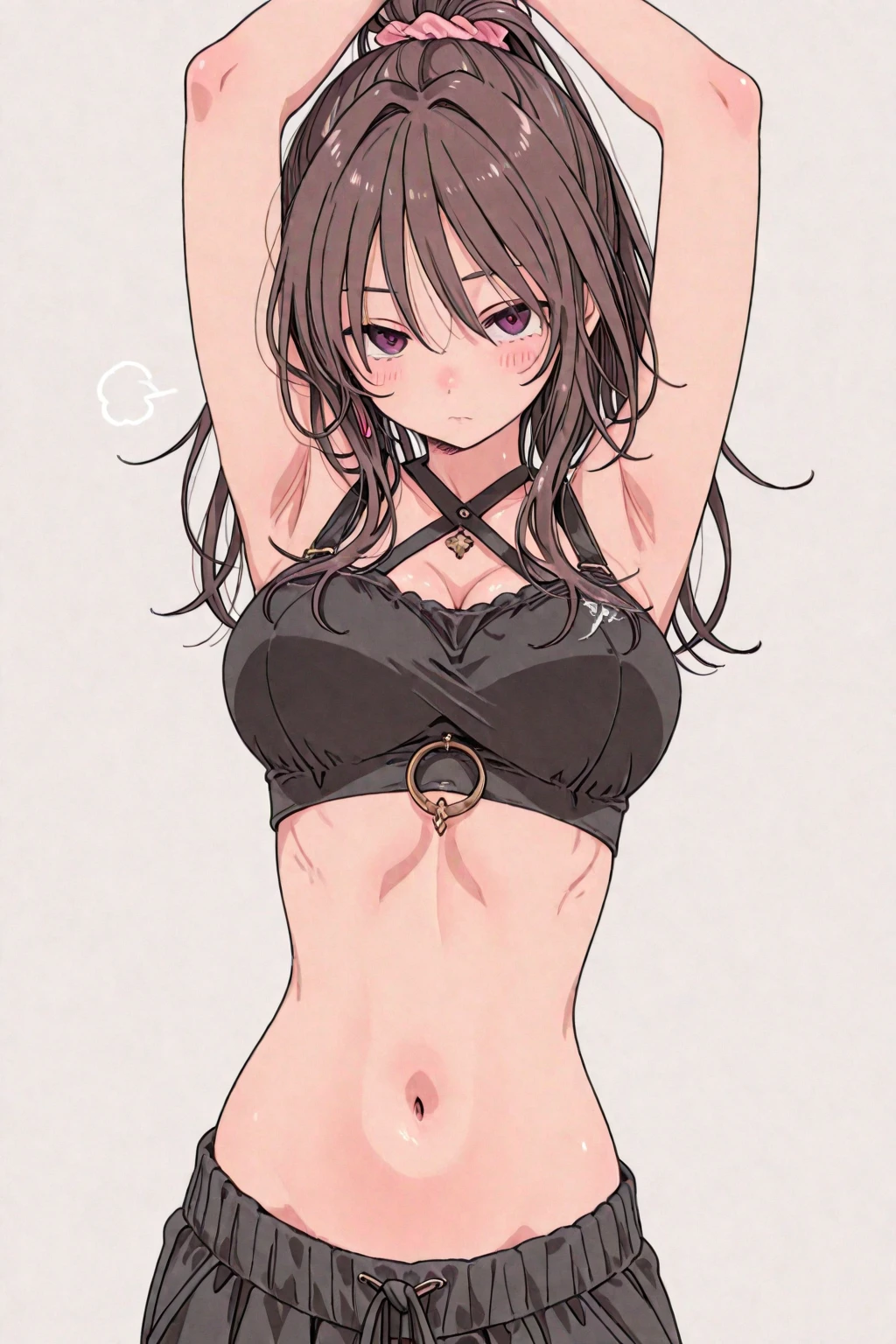 Tanned-skinned anime girl, wearing a revealing bikini top and jeans, lies down with a pained expression on her face, her stomach twisted in discomfort. Her lean body appears starved, the jeans hanging loosely on her hips. Sweat beads on her brow, and her eyes are closed in anguish. Detailed shadows cast on her body from the sunlight filtering through the room, highlighting the creases in her jeans and the curve of her hips. Her skin, glowing with a golden hue, is covered in goosebumps. The room around her is dimly lit, the only light coming from the sunbeams that slip in through the open window. The scene