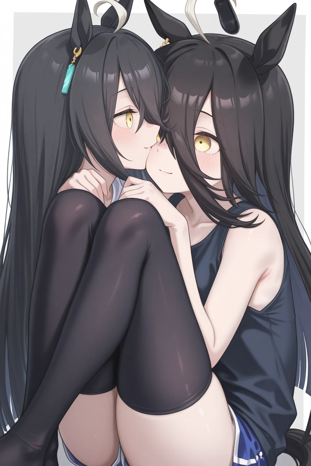 Anime girl with very long dark blue hair with straight bangs with some strands of hair next to her cheeks, slanted fuchsia eyes with a smile on her face mature body a mole under each eye with a gray skirt with long stockings up to her legs and a white shirt with blue lines