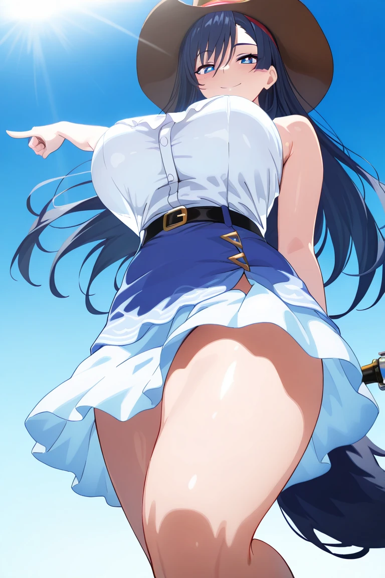 1 girl, Little girl, long hair, Black hair, blue eyes, (((full white dress))), (Sleeveless dress), (Short dress), blue white panties, (((horizontal striped panties))), massive ass, Turn around and look back, Smile, joy, smiling face, fart, onara, fart, farting, big fart, Fart from the ass, Yellow smoke, Yellow smoke is rising, Green fields, Sunny weather