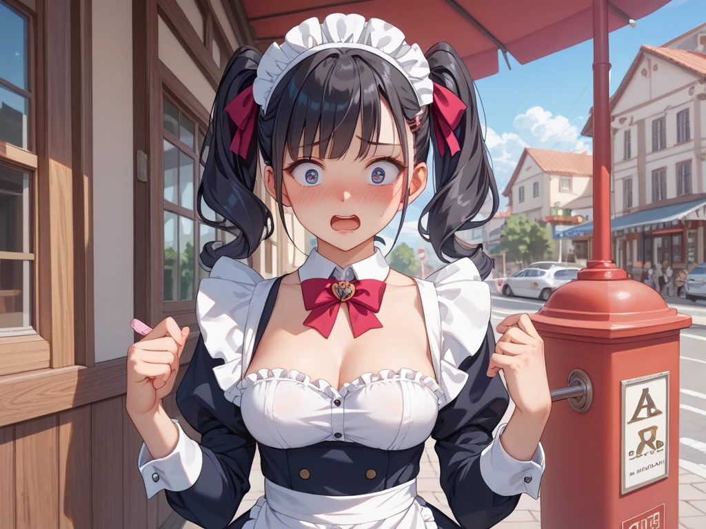 (masterpiece, 最high quality, 超High resolution, Very detailed), (Realistic:1.1, photoRealistic:1.4), Perfect illustration, Perfect lighting,Hair in perfect detail, Perfect and detailed face, Perfect collarbone, Perfect body,Juicy breasts, Perfect Thighs, Beautiful feet, View your viewers, 1 Girl,Perfect Face, (Perfect Anatomy, Anatomically correct), Symmetrical face、((Shiny Hair)),Sexy Body、(masterpiece),(最high quality：1.3),8k,Very clear,(Ultra-realistic),,Captivating woman,(high quality, High resolution, Fine details), Realisticなスタイルの女性,Juicy breasts、One perfect woman、Perfect Face、Symmetrical face、Baby Face、(((Very ample bust size)))、blush、((Juicy lips))、Cowboy Shot、((Black twin tails tied on the side))、((Large, double-set black eyes、Long eyelashes))、((Red makeup))、(((Bow tie with collar、Micro Bikini、White apron)))、((Cleavage))、(Outdoor、On the streets of Tokyo at night)、Sweat、Wet Face、Wet body、Small tray、Pelvic Curtain, (Wide Hips)