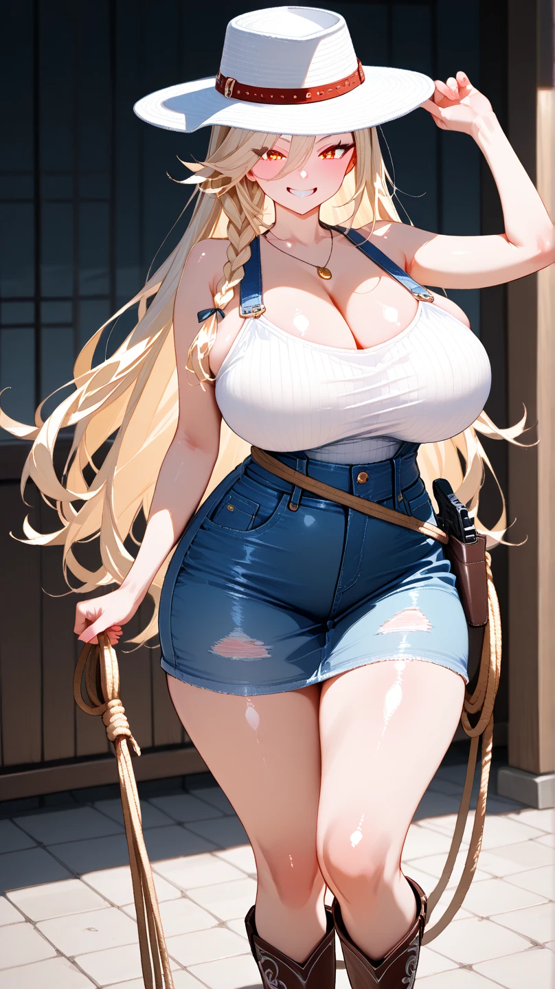((blank background)), masterpiece, best quality, silver hair, (curvy:1.7), (massive breast:1.5), ((full body framing)), (long legs:1.6), symmetry, farmer woman, (blue overalls), long boots, belt below navel, lumberjack shirt, (braided hair)