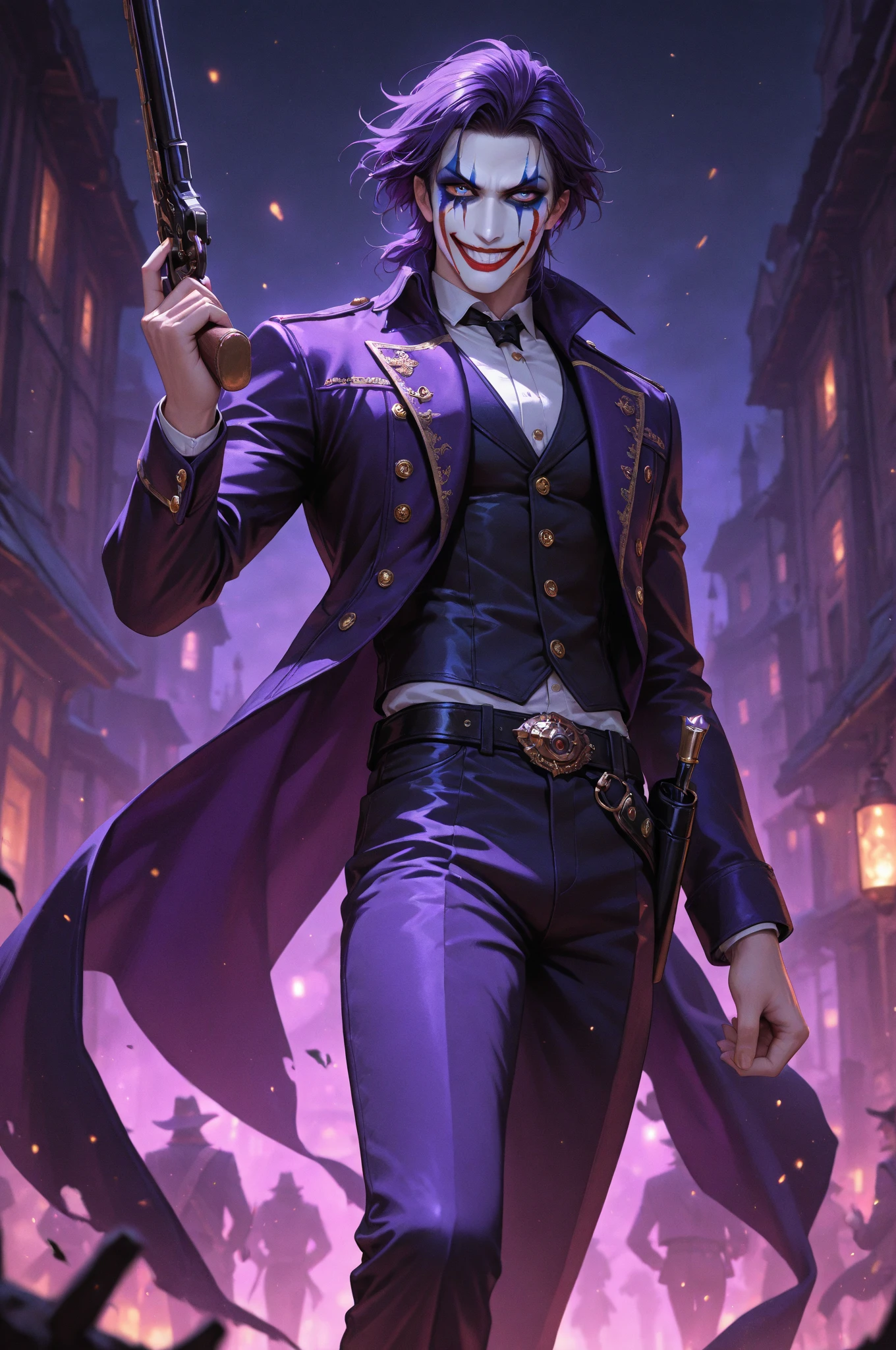 Official Art, masterpiece, Clear focus, Extremely detailed, (Side Light:1.2), clown，Suit，crazy，male，whole body，mystery，magician帽，Suit外套，Vest，leather shoes，wear gloves，magician，weird，Strong build，