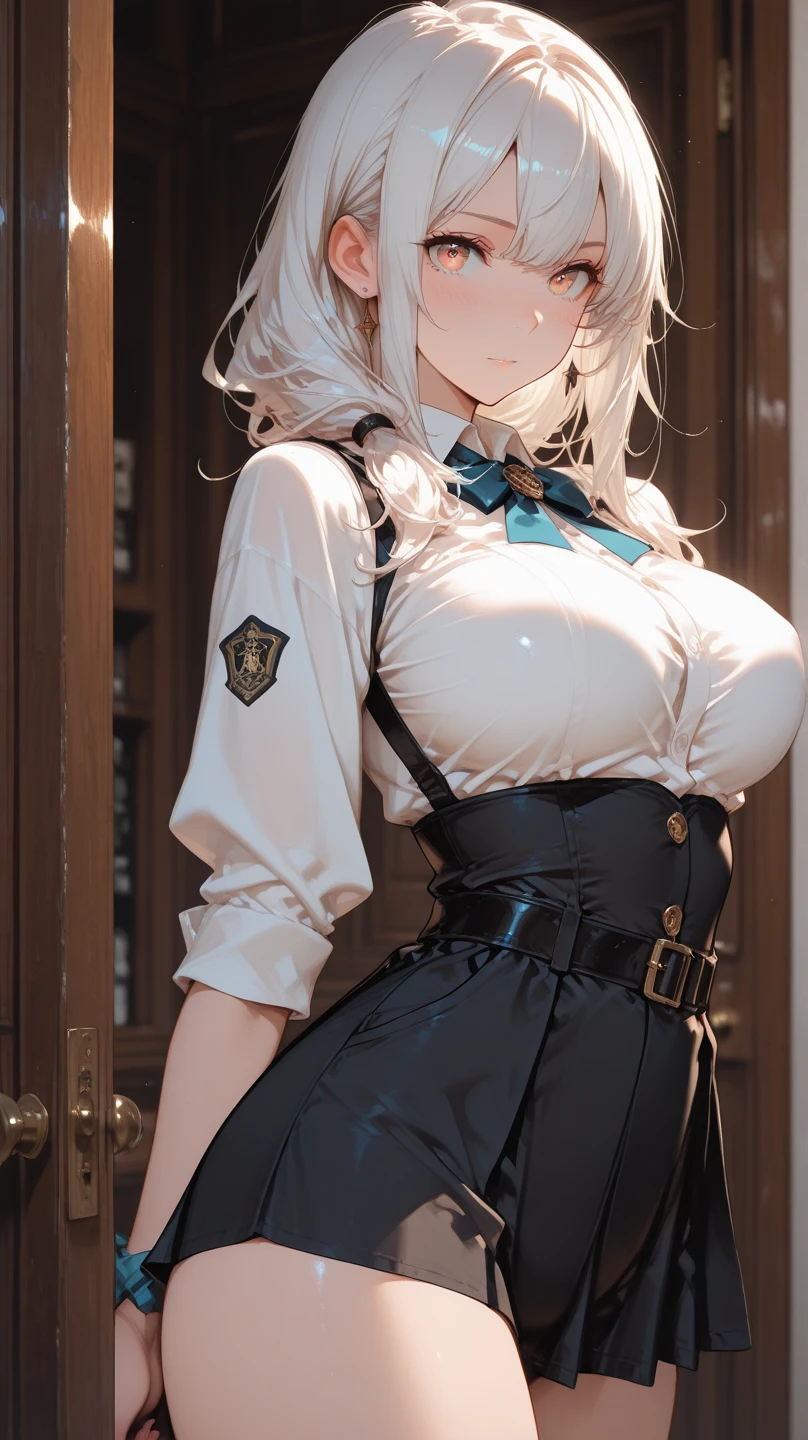((masterpiece,intricate details)),realistic, photorealistic,1girl,mature female,brown eyes,blush,
Voluminous afro,,silver hair,
:o,
large breasts,
thick thighs,
put one's legs together:1.2,
,
necktie,
pleated skirt,
white legwear,
wedge heels,
,rainforest,cumulonimbus,((upper body)),
from above,
depth of field,looking at viewer, Table, Beautiful woman, , Japanese, Underbust, piercings, Clipping-fc,  Bright blonde hair, Curly pigtails, classroom, uniform, big breast