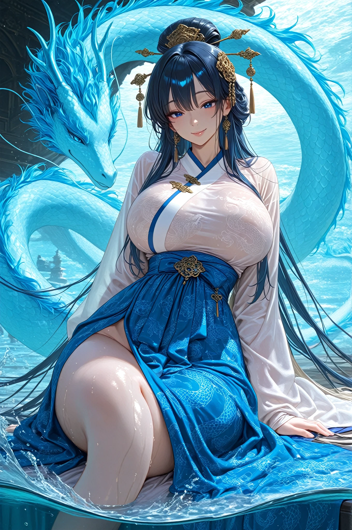 ((Highest quality、unity 8k wallpaper、32K、masterpiece、Very detailed、Ultra-high resolution、Ultra-high resolution、 Very detailedな顔, RAW Photos, Professional, Ultra-fine painting, Anatomically accurate lizard man)) Kotegawa Yui morphing into lizardwomen, kotegawayui, black long hair, yellow eyes, ((Reptilian eyeouth with sharp fangs、From shoulder to clavicle、Covered in fine scales up to the neck、(Above the buttocks、A long, impressive lizard tail connected to the spine growing from the tailbone) 、Lizard legs with sharp claws、Fine blue scales growing like thigh-high socks、Fine blue scales growing like long gloves、Long fingernails)、Nipples in full view、((Fine scales on the flank、Fine blue scales growing around the waist, Scales on the back、Scales from flank to thigh))、