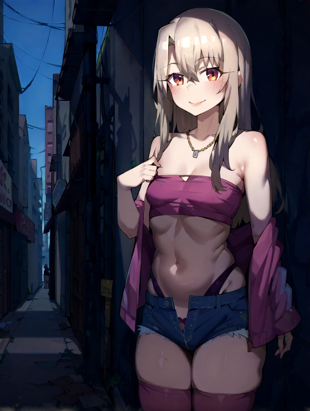 NSFW,(One girl:1.5),Blonde,Very long hair、Messy Hair、Flat Chest,gyaru,(Perfect hands),(Perfect Anatomy),(masterpiece),(highest quality),(Embarrassed:1.5),blush,Shy laugh,Downtown at night,Back Alley,Street lamp