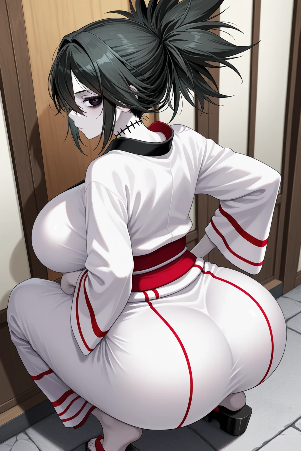 ((best quality)), ((masterpiece)), (detailed), (high resolution), perfect face, 1 Women, (violet slit eyes:1.3), (long black hair), Straight across bangs, (grown-up face:1.4), parted lips, A little big breasts, (naked:1.2), (holding towel:1.2), (towel on leg), lower body, (leaning forward:1.3), (molest), Stimulating, (Embarrassed face), (orgasm:1.2), (anime coloring:1.1), Stimulating, (Yamashiro Ren), Mato Seihei no Slave, looking at viewer, a red hair ribbon, 2d, illustration, from behind,