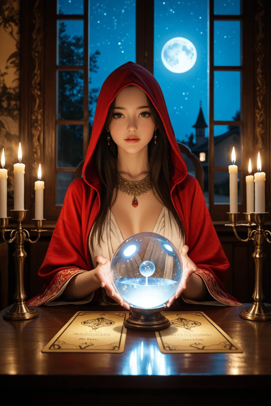 nsfw:0.5、(((Too much exposed skin)))、(((Big Breasts)))、Very beautiful woman、Slender women、(Detailed face)、Realistic Skin、((Delicate photo)),(Girl Masterpiece RAW Photo Details:1.25), (Highest quality:1.6), (Ultra-high resolution:1.5), (Realistic:1.75), 8K resolution, Canon EOS R5, 50mm, Absurd, Ultra-detailed,Cinema Lighting、One girl, Fortuneteller、astrologer、(((Spectacular starry sky in the background)))、(((A burgundy robe with a hood and intricately decorated with beautiful details)))、((Horoscope))、(((Fortuneteller)))、Long black hair、((blunt bangs))、Cowboy Shot、(((Hold your hand over the crystal ball on the table)))、Fancy Necklace、Lace gloves、