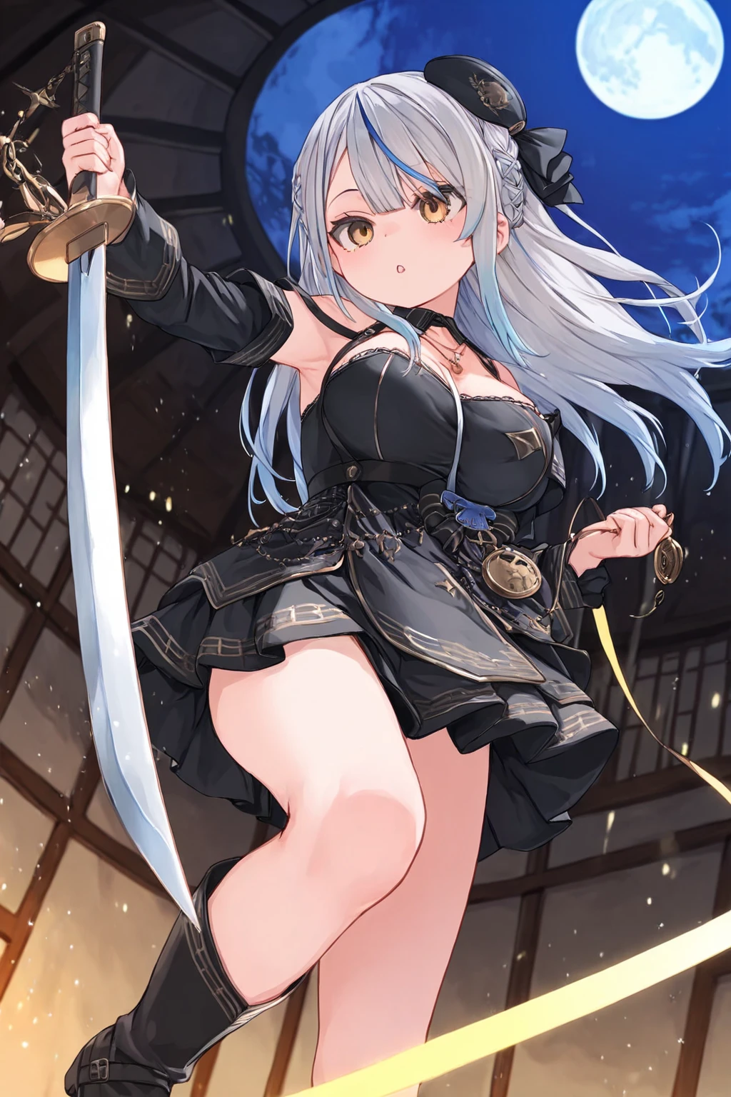 1 garota, cabelo ultra longo, rosto ultra detalhado, shiny lips, Olhos azuis brilhantes, rabo de cavalo muito longo, caminhada elegante, passarela, segurando uma katana gigante, loiro, long eyelashes, botas longas , looking at the sky, starry sky, a ultra giant katana, Uma folha de modelo abrangente para um personagem, incluindo vista frontal e vista lateral, with detailed perspectives and angles