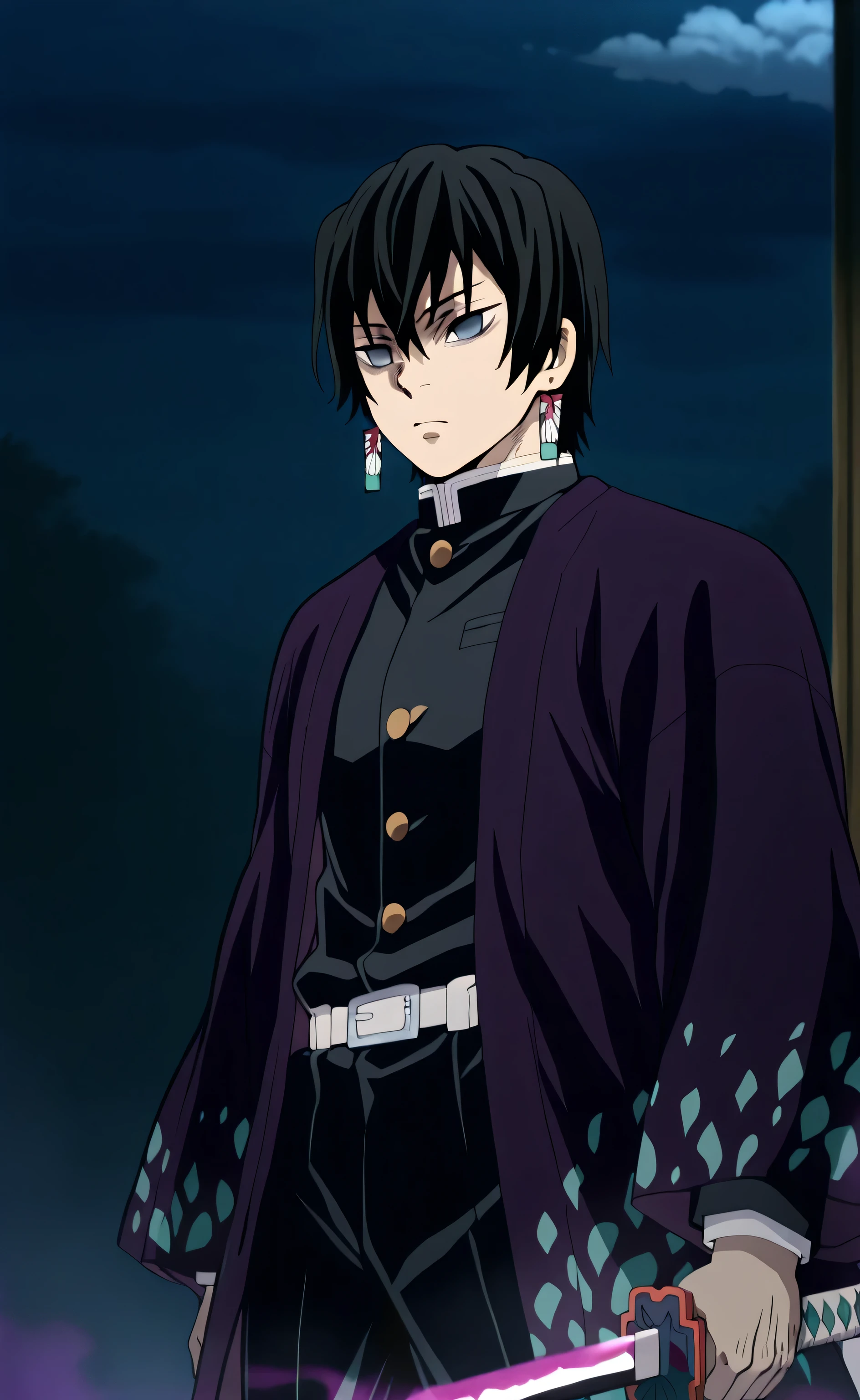1male,solo,Kyoya Hibari,black hair,short hair,grey eyes,empty eyes,serious,big muscle,gakuran,purple haori with white cloud pattern,earring,weapons, katana,a purple aura enveloped his bodyforest,night,fog,Kimetsu no Yaiba (Demon Slayer) Anime Style