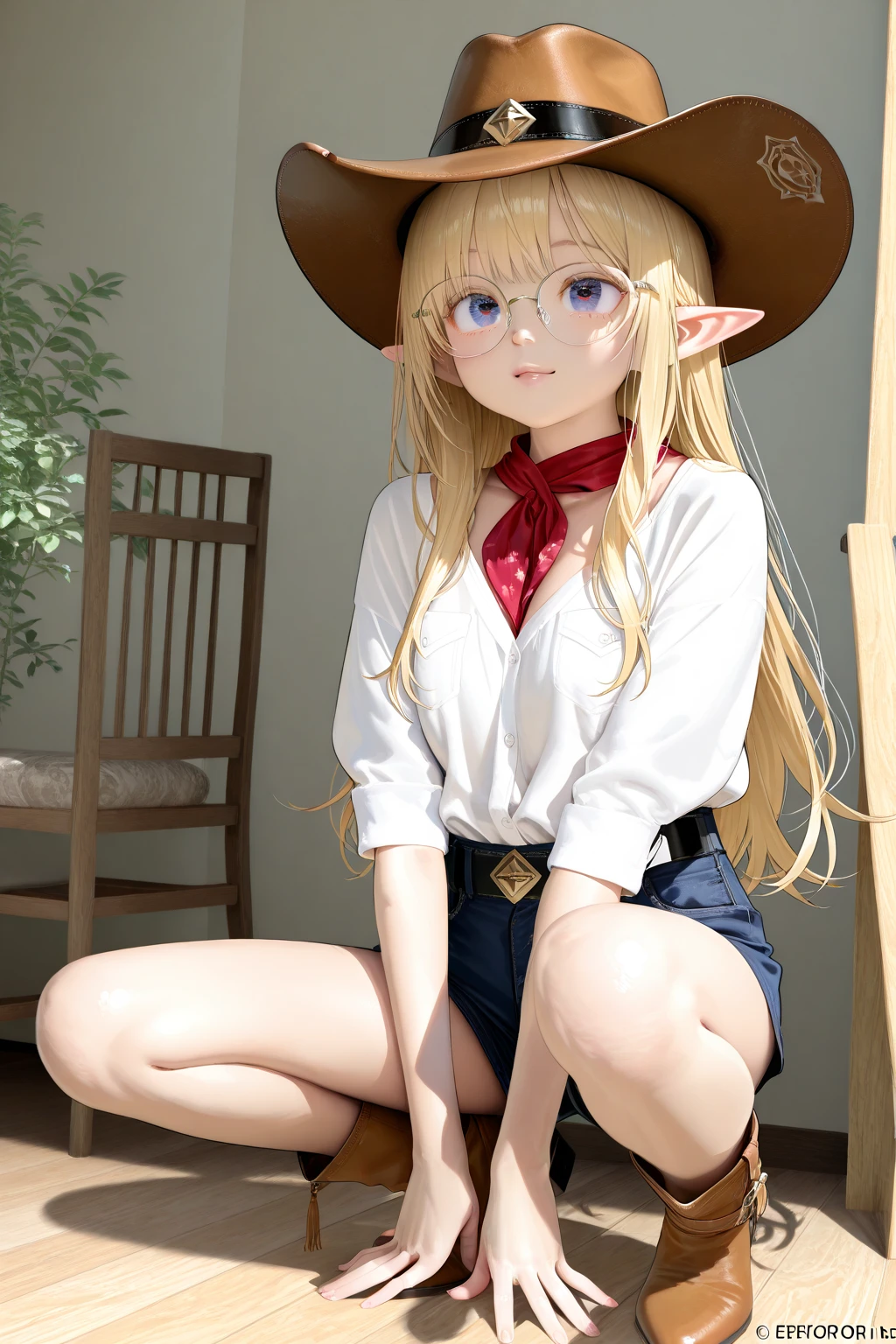 long hair of golden color、hime-cut、Golden Eyes、eye glasses、ssmile、early teenage girls、flat chest、Thin pubic hair、Beautiful open legs、bath robe、the woods