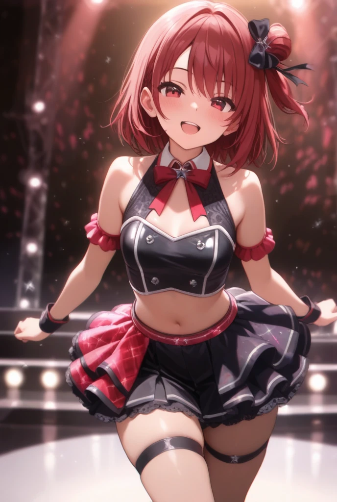 woman, grin, curly red hair in pig tails with ribbons, green eyes, black eyeshadow, wearing crop top black shirt, black jacket, red plaid skirt, black knee high boots, black fingerless gloves, exposed shoulders, large breasts, freckles, abs, cleavage, looking up at viewer, masterpiece, best quality, Holo-Punk Style, dancing on stage, make up, eyelashes, fish net undershirt, fish net stockings, (full body), dynamic