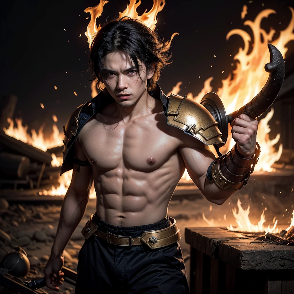 (photorealistic, masterpiece, detailed face, best quality, highres, 4k), Fantasy art style, A striking depiction of Aries the fiery ram featuring a ruggedly handsome male model with piercing eyes and a fierce aura. He stands atop a mountain peak, adorned in skimpy and sexy armor with flaming horns, symbolizing his passionate and determined nature