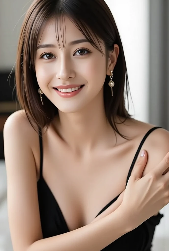 1 girl, national foundation, (hotel background), ((32k, raw, masterpiece: 1.5)), (Professional photography, sharp:1.2), Perfect dynamic composition, (Natural sun light), (soft shadow), (((skinny figure))), ((huge round breasts:1.5)), (((((black long hair))))), Ultra-detailed faces and skin, perfect asian, White skin, (Delicate skin:1.4), (latex skin:0.4), (perfect glowing skin:0.6), light brown eyes, beautiful eyes, round eyes, pretty face, blush, glossy lips, glossy eyes, Perfectly proportioned face, Really moist skin, ((excited expression)), (((huge smile at the camera))), looking at camera, Elegant necklace, Elegant earrings, minimalist, ((((dark blue dress))))