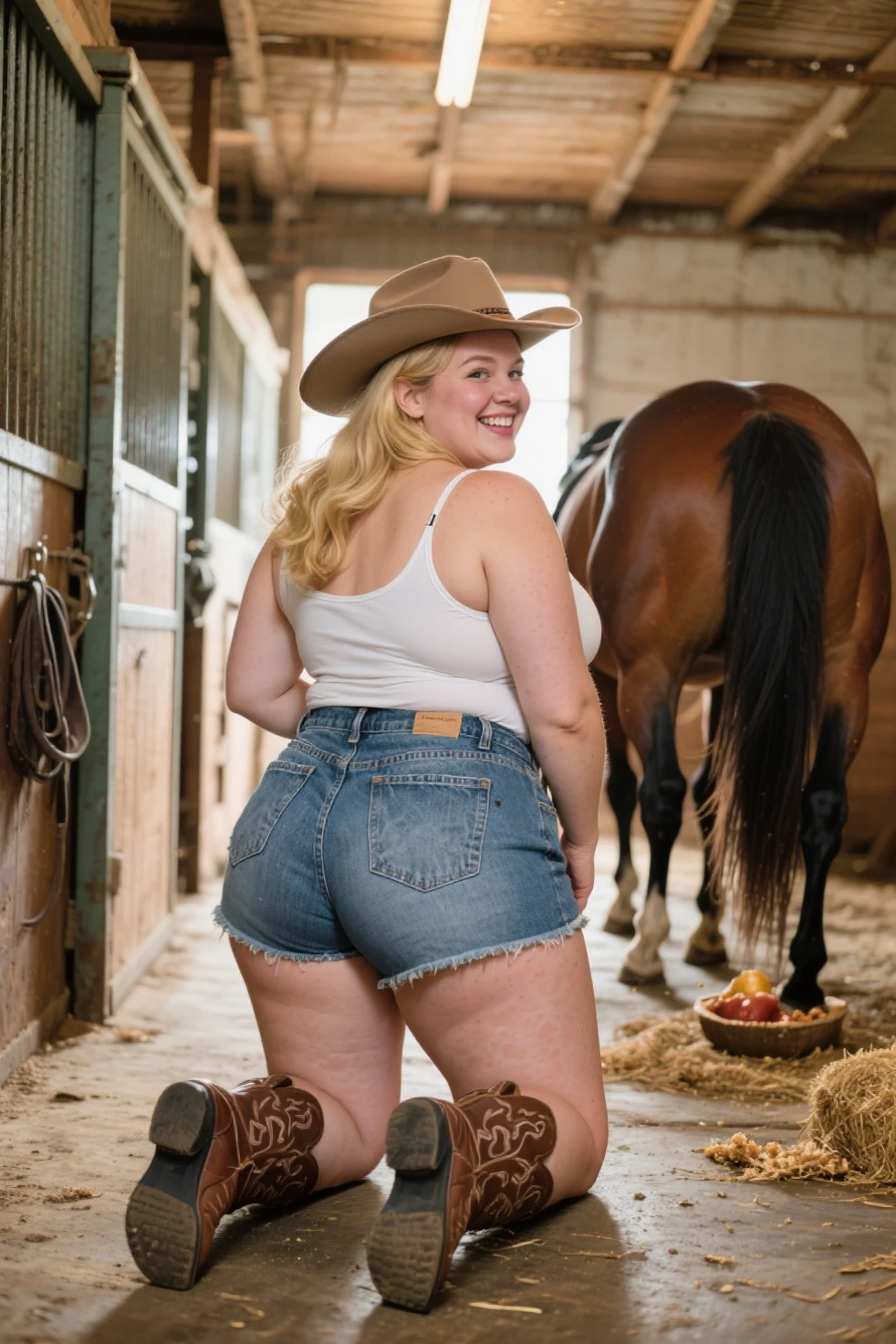 A freckled curvy strong farm tween. She is wearing a jean jack, crop top, and ripped Jean shorts, she is beautiful with low messy blonde twin tails and backwards ball cap and blue scuffed canvas sneakers. She lives on an abundant farm, ripe with harvest. Cute, perfect face, beige eyeshadow, light peach blush, coral lipgloss, athletic form, She is walking towards the camera on a lovely sunny day, pretty, pretty lighting, 8k, octane render, detailed, detailed background, 35mm, realistic, photorealistic, perfect face, cherry blossoms barrettes in hair, freckles, risqué poses, ((American face)), American, ((Billie Eillish))