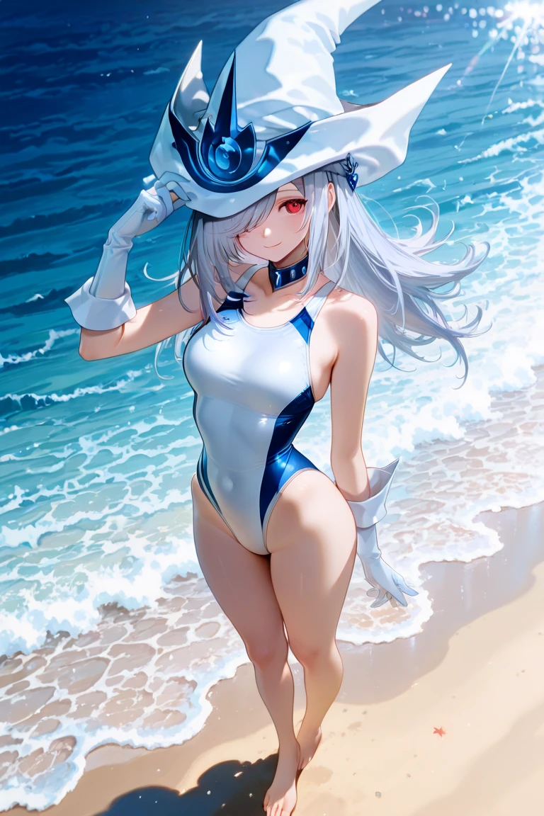 low angle,from below,(1girl),solo,(Kamisato Ayaka in Genshin Impact), ((masterpiece, highest resolution,best quality)), (beautiful illustration),(semi long beautiful silver blue hair),(beautiful blue eyes), (white beautiful elegant one piece swimsuit), (swimming in the sea),
 innocent smile, white over-kneehighs,Lace chalker, wristband, fingerless gloves, over-kneehighs,
Lace chalker, diamond necklace,wristband, fingerless gloves, earrings, windy,cinematic lighting, beach, sand, blue sky, waves, coconut tree,