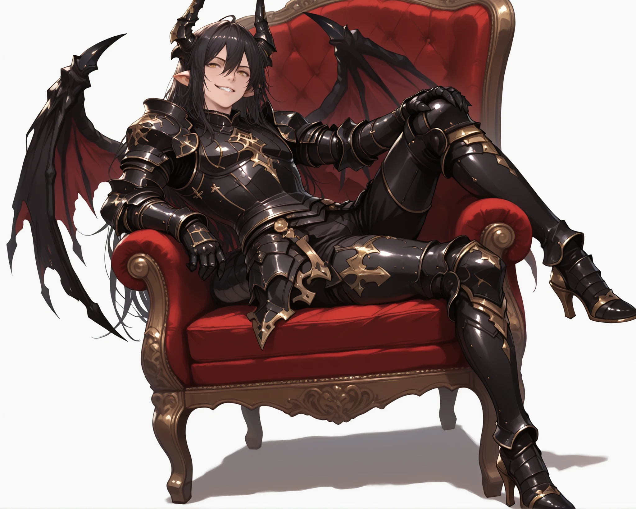 score_9, score_8_up, score_7_up, absurdres, (((128K Ultra High Resolution))), (masterpiece, best quality: 1. 5), (high definition: 1, 4), (highres), 8K wallpaper, (excellent graphics: 1. 5), CG, (((Japanese Anime style))), (Granblue Fantasy), (1 male), solo, (lean body, masculine), weredragon, glossy black, shiny black leather, ((beautiful golden eyes, finely detailed eyes, bright eyes, slit pupils)), hair between eyes, black hair, long hair, sideburns, wild hair, (sly grin, sinister grin, smirk), teeth, confident, (((ultra detailed face))), shiny skin, long pointy ears, twisted torso, long-legged, sculpted face, wasp waist, dragon horn, dragon tail, dragon wings, dragon sharp claws, (black armor with a lot of grandiose decorations: 1. 5), half dragon half human, (sit cross-legged, closed legs, sit sideways, luxury antique red plush velvet chair: 1. 5), (dramatic angle, dynamic pose: 1. 5), (ultra detailed black armor, well-polished black armor: 1. 5), (gold-adorned armor: 1. 5), all black outfit, full body, emphasize face, sharp focus, good-looking man, (best illustration, highly detailed artwork: 1. 5), (cinematic), dramatic lighting, (intricate detail, extreme detailed, super detailed: 1. 5), (stark contrast, heavy shadows: 1. 3), detailed black decorations, beautiful and aesthetic, photoreal, (from side), (mysteriously crafted black metal armor: 1. 5), thick & luxuriant hair, (ultra detailed fantasy black armor, wonderful black armor: 1. 5), (realistic metal texture), broad shoulder, true-to-life visuals, artistically refined, (extremely delicate & beautiful armor, elaborate armor details: 1. 5), (giant black armor, dark armor, stylized armor: 1, 5), (((armor-type high heels))), (extremely detailed armor with intricate engravings, intricate armor with gold ornaments: 1. 5), ((very gorgeous & dazzling)), (dark fantasy black knight: 1. 5), slim waistlines, wide chested, sinewy body, (Hyper Detailed & Perfectly Designed Black Armor: 1. 5), (simple white background)