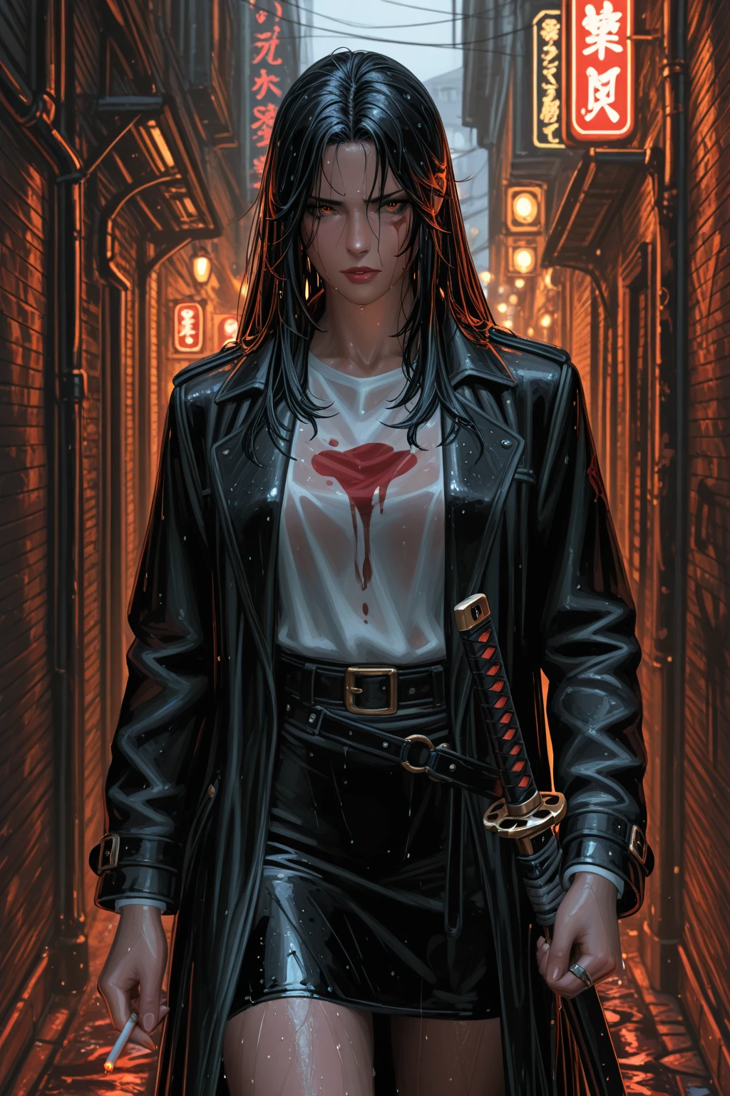 realistic, ultra-detailed, 1girl, Nancy Adams, long braided black hair, blue eyes, thin lips, round face, large breasts, cheerleader uniform, holding a serrated dagger, arrogant expression, zombie slayer, protagonist, best quality, 8k, highres, photorealistic, hyper detailed, studio lighting, vivid colors, dramatic lighting, cinematic, conceptart style, dark fantasy, desolate city background