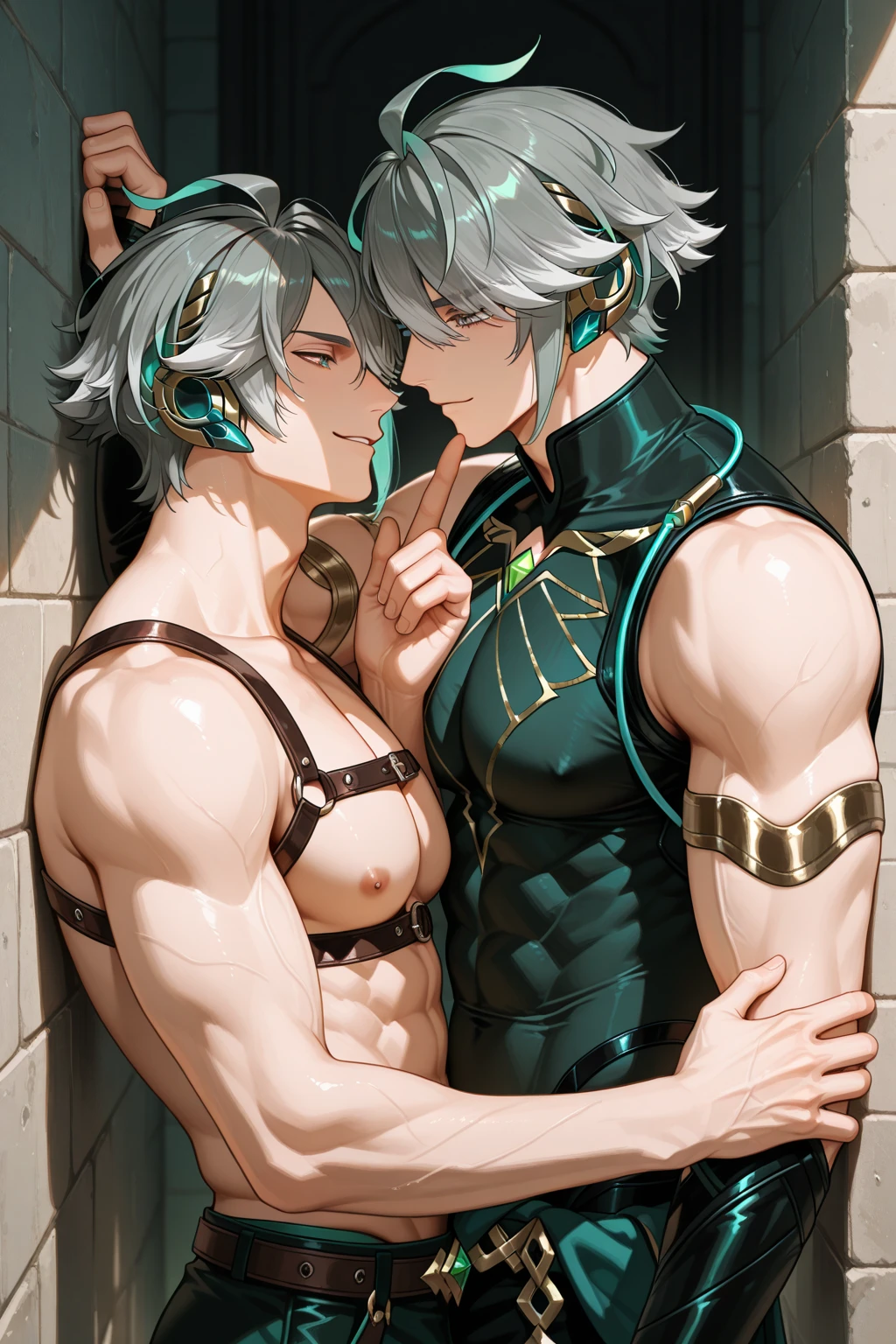 Two beautiful men who look exactly the same pull each other in a closed room,tmasterpiece,highest quality,High contrast, The upper body is naked, closeup cleavage, (High-quality watercolor drawings:1.4), Taiwanese, Correct anatomy, A large number of tentacles were wrapped around the body