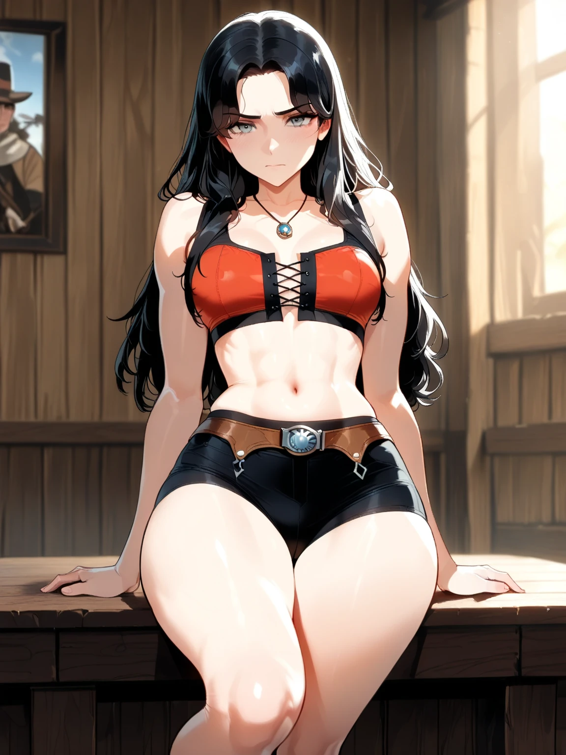 masterpiece, top quality, high resolution, solo, black and red crop top, cleavage, medium breasts, midriff, cat hair ears rough breath, sexual expression, open mouth, wearing underwear, shoving cleavage, black and red panties, sexy brown hair, cowboy shot, full body, green streak in hair,
