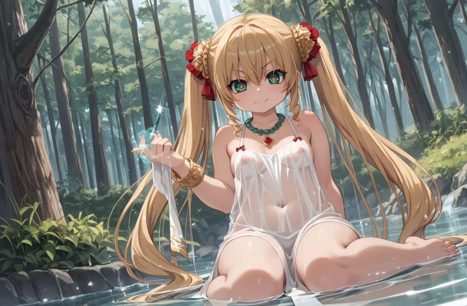 (masterpiece, best quality:1.2), 1girl, ereshkigal (fate), solo, long hair, red eyes, blonde hair, breasts, looking at viewer, bangs, blush, collarbone, partially submerged, parted bangs, nude, bathing, parted lips, water, wet, medium breasts, white background, hair ribbon, two side up, ribbon, hair over breasts, flying sweatdrops