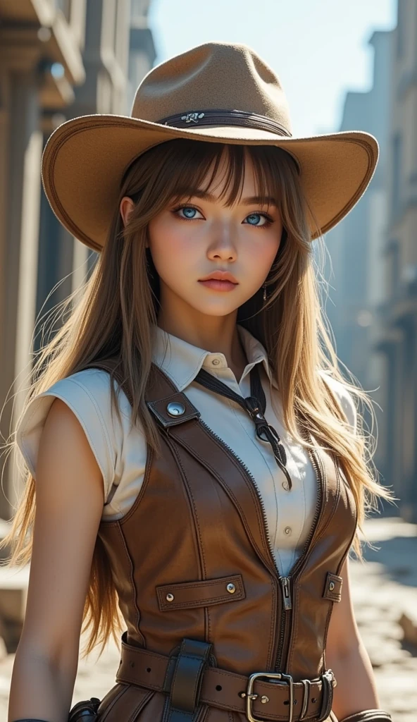a woman in a cowboy hat and cuir jacket posing for a picture, Portrait de Sophie Mudd, cow-girl, chapeau brun, western cow-girl, avec un chapeau, belle femme mexicaine, cuir clothing and boots, cuir clothing, une beauté à couper le souffle, photo d'une belle femme, in the style of Kyrill Kotashev, beauté à couper le souffle, cuir, cuir clothes