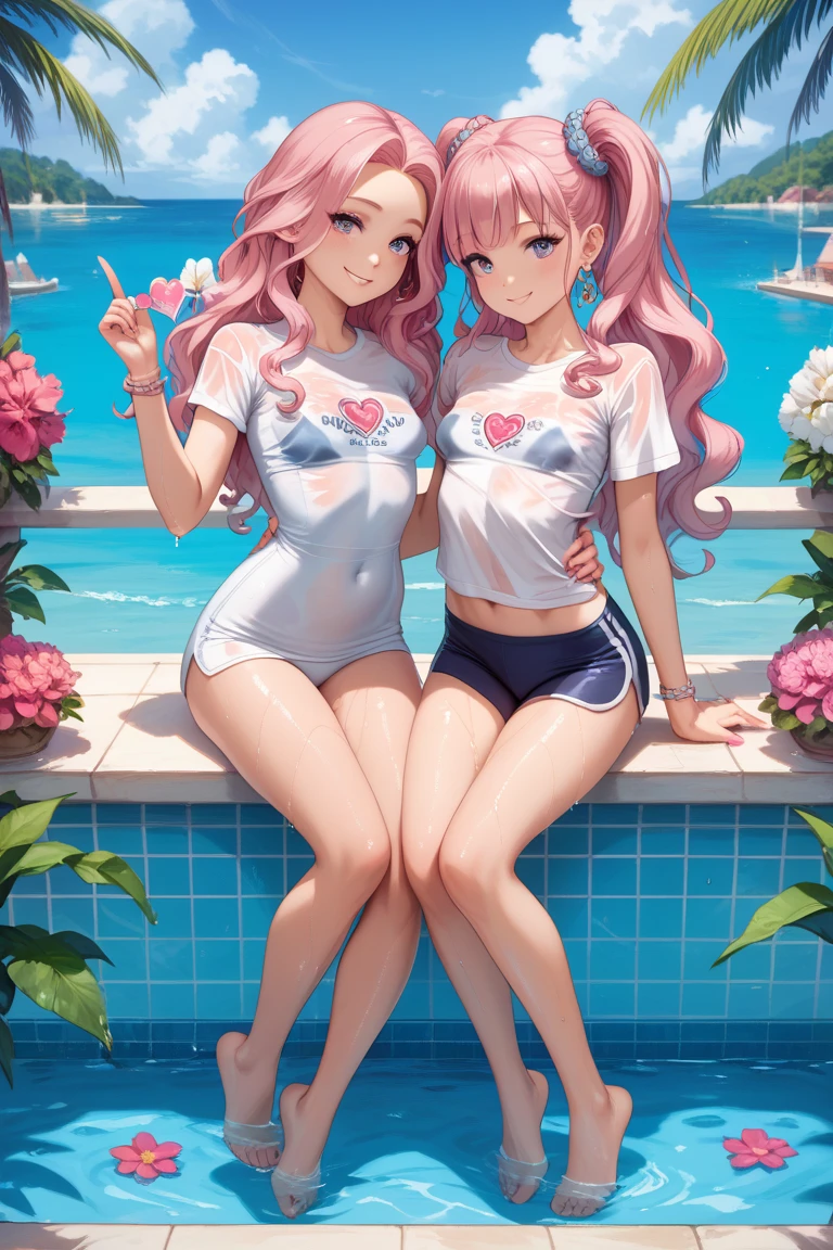 (highest quality)), ((masterpiece)), (Familiar), Perfect Face,Shiny skin,Beautiful breasts,Kyoto Animation style drawing,Shiny skin、hoodie、Sunburned skin、Sweat、Off the shoulder、Double teeth
、Short Hair、Twin tails、Pink Hair、Young、Big Breasts、Embrace、hot spring、dark skin、close、near、Having popsicles、night、