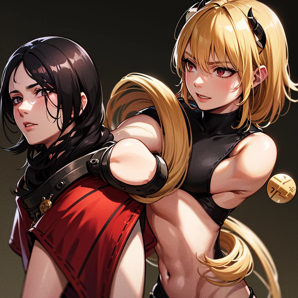 best quality, masterpiece, 3 girls, random poses, (tongue out:1.2), (drooling:1.3), (short low twintails hair with bangs:1.3), black and gold colored bikini, (medium breast:1.2), solid black background