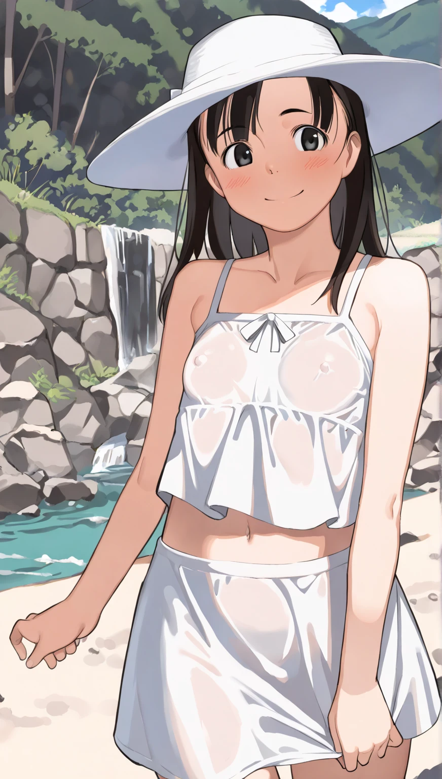 (masterpiece), Highest quality, One girl, 8-year-old, Cute  girl, Flat Chest, Black Hair, Very long hair, View your viewers, 
She is wearing a white tank top, Pure white clothes, clothes without collar, She is wearing a sleeveless dress, The material of her clothes is very thin, The clothes are see-through, You can clearly see her naked body, Exposed shoulders, The clavicle is visible, Her nipples are pushing up against the fabric of her clothes, (Erect nipples proclaiming their presence beneath the fabric), Not wearing a jacket, 
Not wearing a skirt, The lower half of the body is naked, exposing the waist, She doesn't wear underwear, Not wearing a bra, Not wearing panties, I can see your pussy, (Share:1.5), She has no pubic hair, 
She stands with her legs spread, Open your knees, Very shy, Wearing a straw hat, 
Behind the building, Leaning against a wall, There is a passerby behind her, blush, alley, 