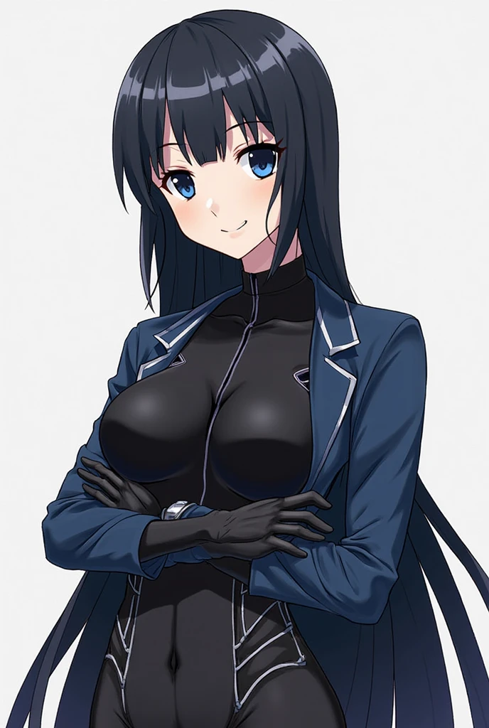 best quality an adult woman with blue hair wearing a blue and black bunny suit with a serious look in his face