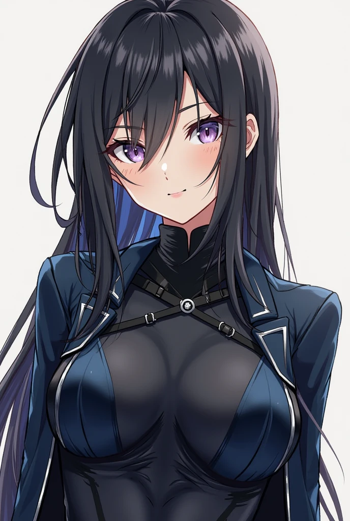 ((masterpiece, best)), (1girl), (teenager woman), black hair, open-chest, flared, normal breasts,(full), slim, smile, standing, aru (blue file), 8K picture quality, (open-chest suit)