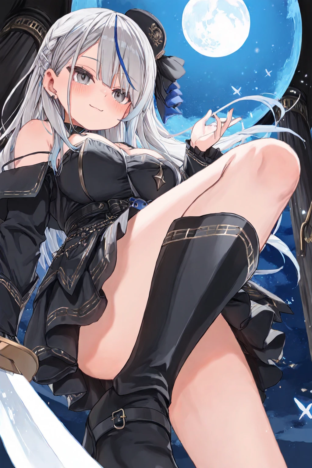 1girl, bare shoulders, bat wings, blood, breasts, cleavage, clothing cutout, demon girl, head wings, large breasts, leotard, long hair, long sleeves, looking at viewer, mole, silver hair, smile, solo, outdoors, playground, boy playing in background, yellow eyes, full body, blue skirt
