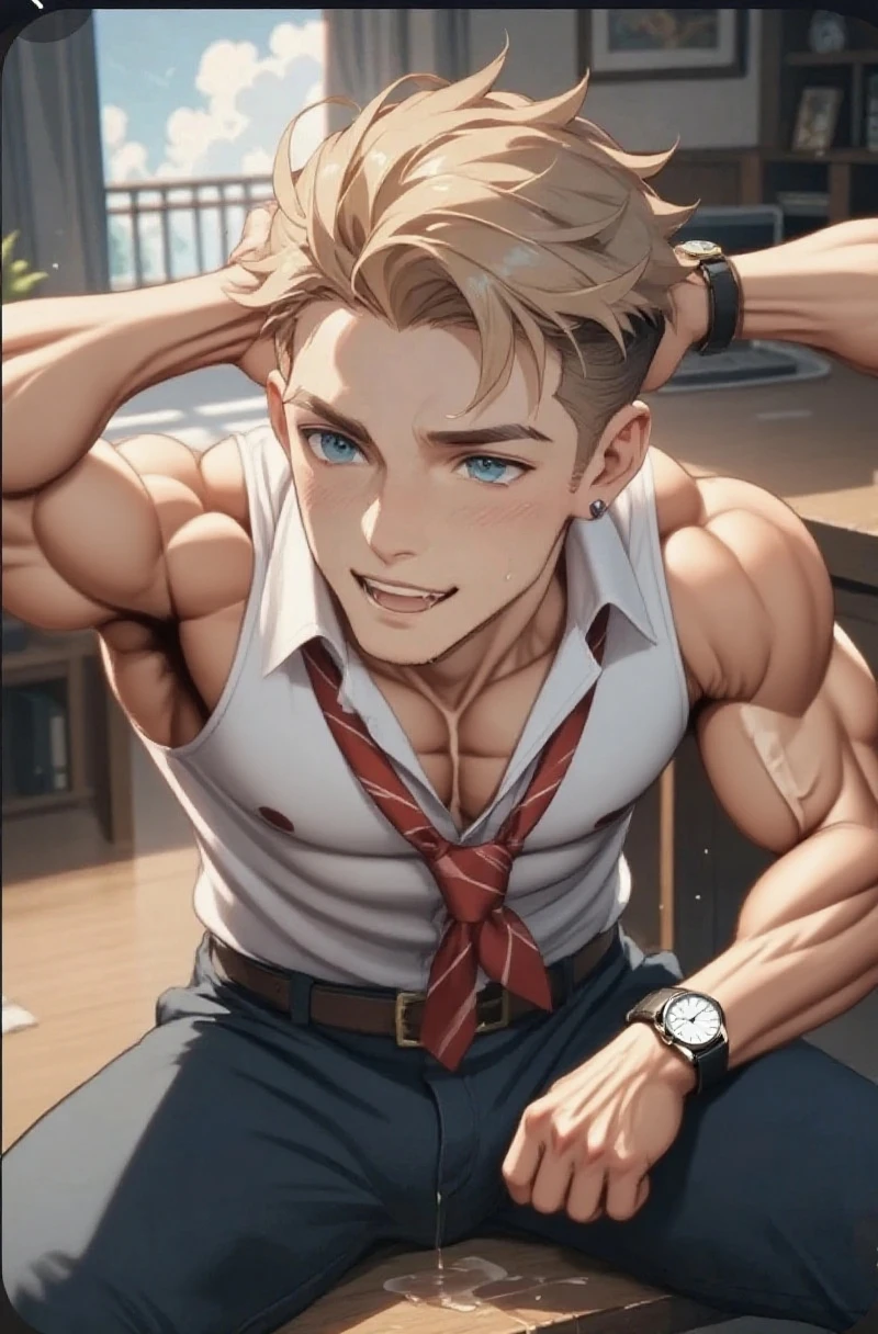 a shirtless exhausted 19-year old handsome caucasian male in faded haircut, mma gloves, fighting shorts, cute, handsome face, six-pack abs, beautiful body, well-defined body, dripping sweat, tired smile, posing in the classroom wall