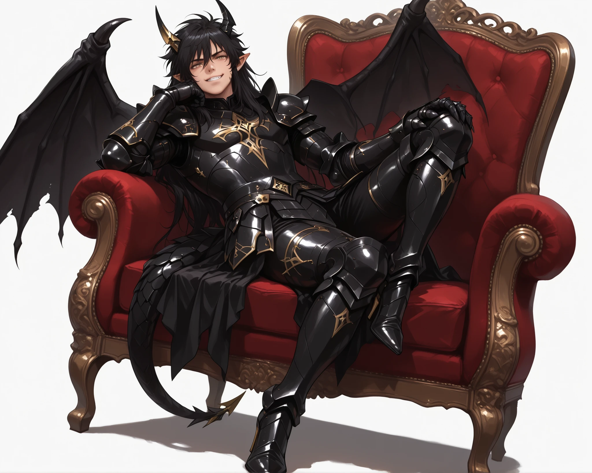 score_9, score_8_up, score_7_up, absurdres, (((128K Ultra High Resolution))), (masterpiece, best quality: 1. 5), (high definition: 1, 4), highres, 8K wallpaper, (excellent graphics: 1. 5), CG, (((Japanese Anime style))), (Black Saint Seiya), (1 male), solo, ((lean body, masculine)), weredragon, glossy black, shiny black leather, ((beautiful golden eyes, finely detailed eyes, bright eyes, slit pupils)), hair between eyes, black hair, long hair, sideburns, wild hair, (sly grin, sinister grin, smirk), teeth, confident, (((ultra detailed face))), shiny skin, long pointy ears, twisted torso, long-legged, sculpted face, wasp waist, dragon horn, dragon tail, dragon wings, dragon sharp claws, (black armor with a lot of grandiose decorations: 1. 5), half dragon half human, (sit cross-legged, closed legs, sit sideways, luxury carved red plush velvet chair: 1. 5), (dramatic angle, dynamic pose: 1. 5), (ultra detailed black armor, well-polished black armor: 1. 5), (gold-adorned armor: 1. 5), all black outfit, full body, emphasize face, sharp focus, good-looking man, (best illustration, highly detailed artwork: 1. 5), (cinematic), dramatic lighting, (intricate detail, extreme detailed, super detailed: 1. 5), (stark contrast, heavy shadows: 1. 3), detailed black decorations, beautiful & aesthetic, photoreal, (from side), (mysteriously crafted black metal armor: 1. 5), thick & luxuriant hair, (ultra detailed fantasy black armor, wonderful black armor: 1. 5), (realistic metal texture), broad shoulder, true-to-life visuals, artistically refined, (extremely delicate & beautiful armor, elaborate armor details: 1. 5), (giant black armor, dark armor, stylized armor: 1, 5), (((armor-type high heels))), (extremely detailed armor with intricate engravings, intricate armor with gold ornaments: 1. 5), ((very gorgeous and dazzling)), (dark fantasy black knight: 1. 5), slim waistlines, wide chested, sinewy body, (Hyper Detailed & Perfectly Designed Black Armor: 1. 5), (simple white background)