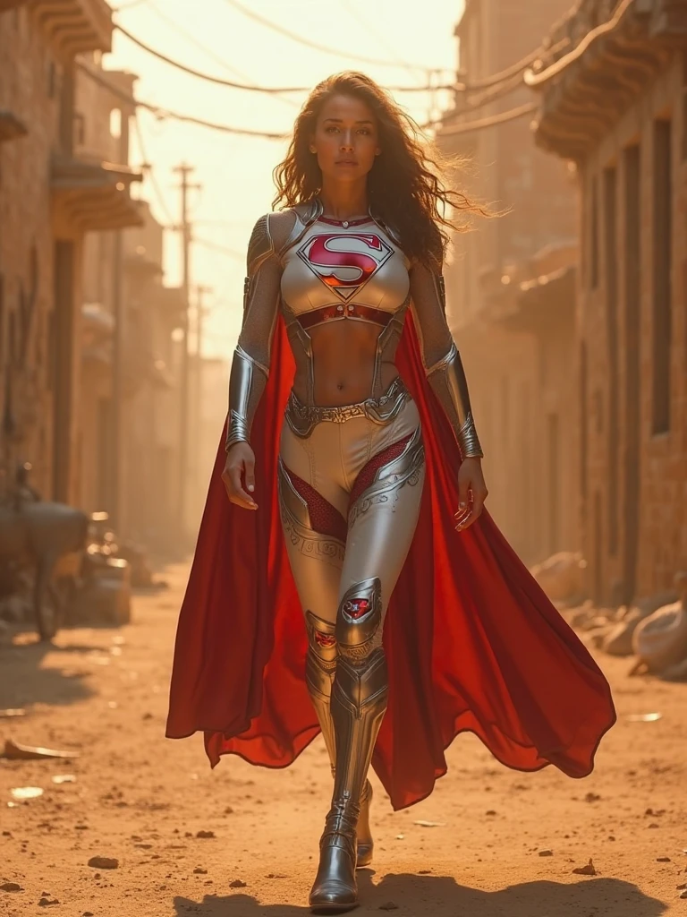 Award-winner photo, magazine shot of a woman body set medium breasts, cute face, sexual posing, ripped unbuttoned Supergirl costume dress, torn clothes, bellybutton, scratches, at the street of a ruined megapolis, post apocalyptic world, distopya, fallout, biohazard, cozy, sunset, dramatic light, warm light, rim light, hbo channel, Netflix movie