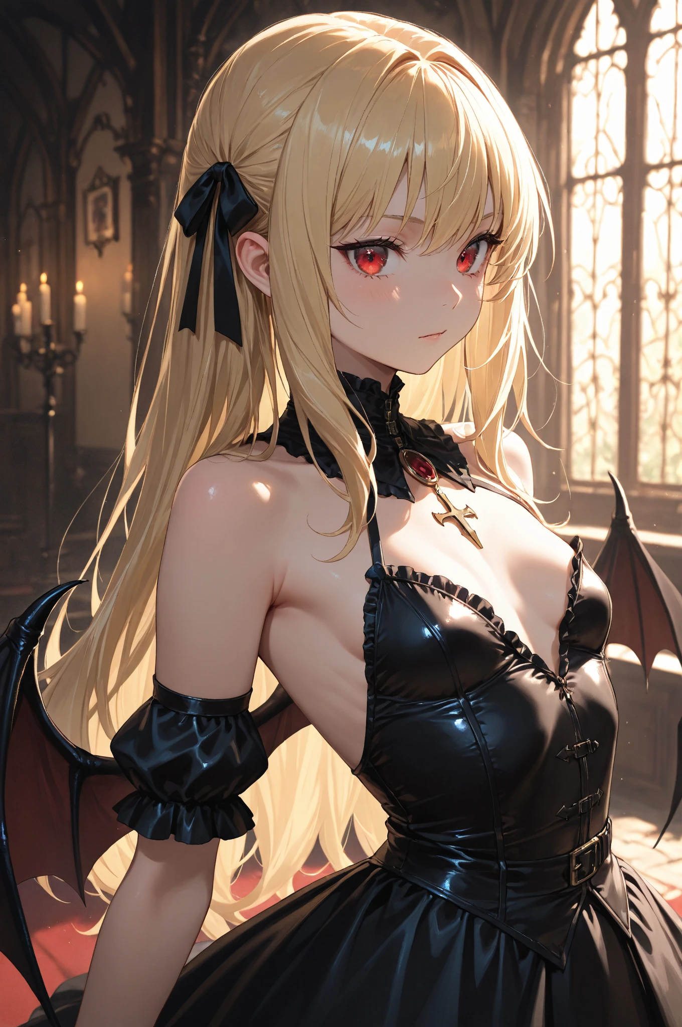 top-quality、Top image quality、masterpiece、girl with((18year old、Dark clothing、Dark bra、Dark skirt、 Best Bust、Bust 90、Blonde long、Blue eyes、open chest wide、Valley、Happiness、A slender、Provocative behavior、Evil face、Handcuffed、High laughter、Skull Tattoo、Tattoo of roses、Targeting your audience、Tighten blue rose hair、Aura of Darkness,Dark Forces,blue flames、Chain Accessories、Black wings、Black manicure、With a black whip、Fall in love with your audience))hiquality、Beautiful Art、Background with((prison、Dark impression、nightcity,Red sky、Many bats、many chains、the magma))、masutepiece、Elaborate design、visualart、dark art
