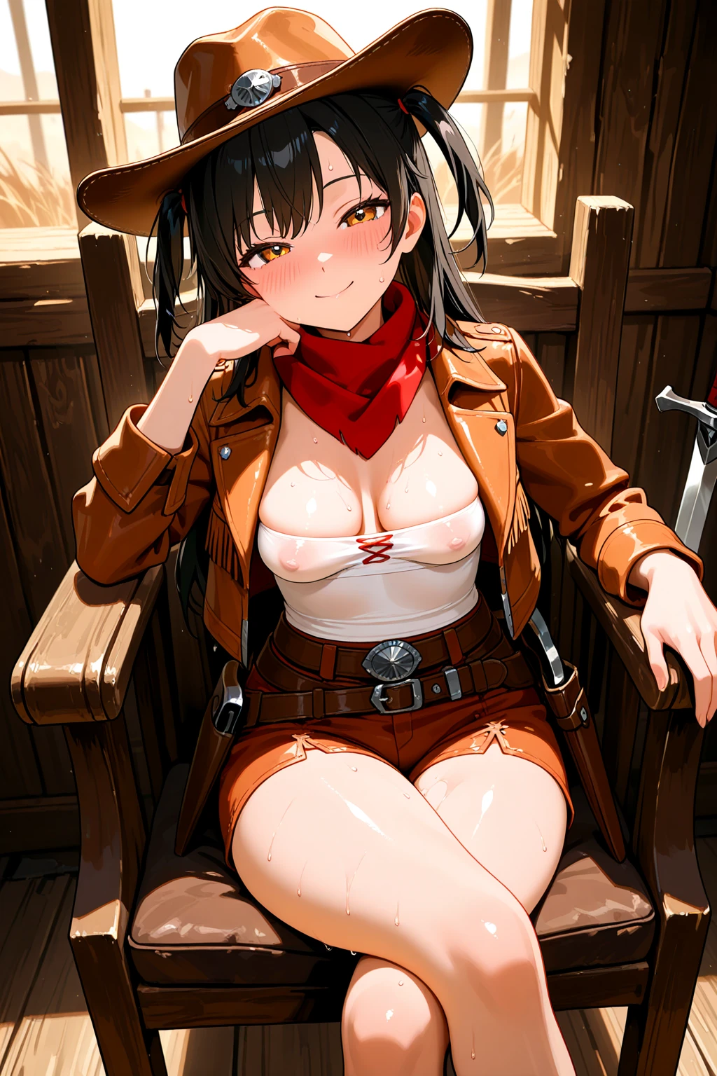 (((NSFW:1.8))),((Nude:1.8)))(((1 person:2.0))),(((naked:1.8))),(((Slim body:1.8))),(((Brown gun belt with holster:1.8))),((Brown cowboy hat:1.8)),((Wear a metal watch on your wrist:1.8))),(((Showing cleavage))),(((Exposed thin inner thighs))),(((Small breasts:1.5))),(((nakedの腕))),(((Her hair is brown))),((Blushed:1.2)), Beautiful detailed girl, Very detailed目と顔, 緻密でBeautiful Eyes, Very detailed, High resolution, Highest quality, masterpiece, Very detailed, 8k wallpaper, wonderful, finely, Highest quality, The light shines on your face,(Standing in front of a wooden wall),Beautiful Eyes,((Engage your audience:1.2)),,Above the knee shot,((Are standing:1.2)),((Place your right hand on your chest:1.8)),((Hold the whiskey in your left hand.:1.8)),(((Drunk:1.5))),(((Blushed顔:1.5)))