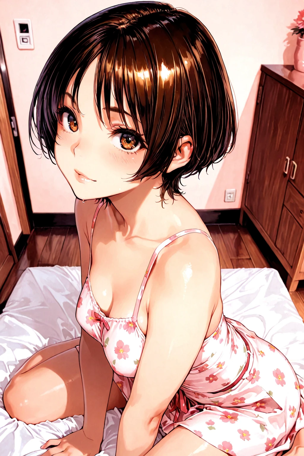 best quality, masterpiece, silhouette light, elpeople, 1980s, (wariza:1.4), sweating a lot, pink and white horizontal striped bikini, (medium breast:1.4), messy and tiny room at night, huge window, starry night