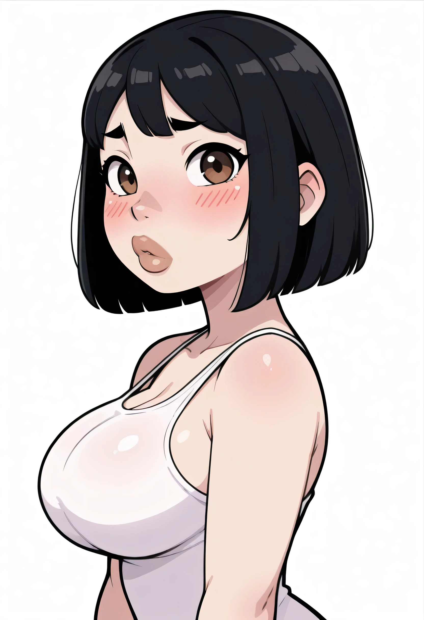 My sister has short black hair, closes her eyes, blushes, wears a bikini, big breasts, blushes, angry faces, focus on her face, kisses, cute.