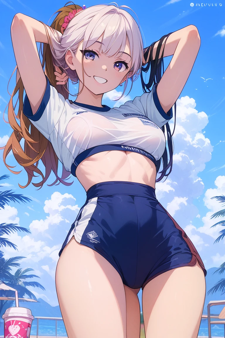 {{{{{16k,Ultra High-resolution realistic photograph of neat virgin first-year junior high school girl's in School-designated gym uniform with junior high ribbon as pretty as a actress in Grass schoolyard, She's in the first year of middle school, but she's too well developed, her tits are too beautiful, When she rolls up her gym clothes from underneath her shyly raw, hidden big tits pop out, She's a first-year junior high school girl with no makeup and no polish but her body is glamorous, She's a virgin but she's popular popular popular and she just has an aura of being popular}}}}},{{Extremely detailed}},{{{{{dye her cheeks flush and integrated her head pure small, thick lips, Enchanting thick gross idol's Lips}}}}},{{{{{dark colored bang ponytail hair}}}}},{{{{{She get more attractive and smoother her body, her expression and appearance are transformed into that of a pure, Her white tits are so fluffy, and are depicted in great detail, but her sex appeal from her neck fills the schoolyard, her bodyline and tits and hips are getting cuter and cuter, She has been reborn as a pretty one-in-a-thousand-year girl with a sparkling aura of cuteness}}}}}