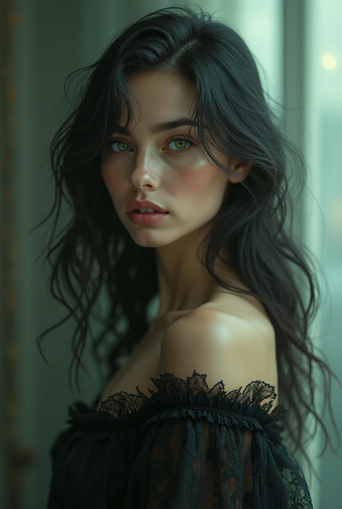 Girl with black curly hair, green emerald color, black dress