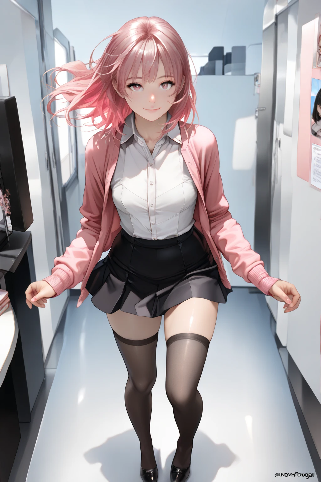 (masterpiece:1.2, highest quality), (realistic, photorealistic:1.4), beautiful illustrations, (natural side lighting, movie lighting), Depth of written boundary,
looking at the viewer,Front view, 1 girl, English, OL, 30 years old, suit、Jacket、perfect face, Cute symmetrical face, shiny skin,
pink hair、Big eyes, droopy eyes, long eyelashes chest), thin, beautiful thighs、Tall beautiful hair, beautiful face, fine and beautiful eyes, beautiful clavicle, beautiful body, beautiful breasts, beautiful thighs, beautiful feet, beautiful fingers,
((fine fabric texture)),
(beautiful scenery), evening, (Business office background), Are standing, (smile), (((skirt lift, Panties and pantyhose are visible)))