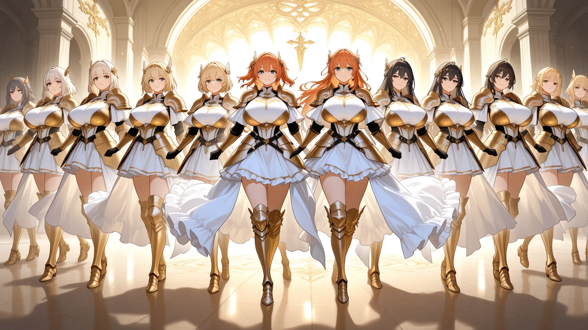 (Anime screencap: 1.2, anime style), (masterpiece, high quality, best quality), a crowd of thousands, all donning uniforms with matching blonde hair and red sexy skirt suits, their arms on their sides in perfect formation, their smiles radiant against the black high heels they all wear. In the background, clones of identical sisters can be seen in straight lines, shoulder to shoulder, with their arms raised in the same pose, their curly hair bouncing as they stand in perfect formation. The mansion they inhabit is filled with clones, creating a stunning family picture with the identical sisters taking center stage, their matching hairstyles and outfits creating a harmonious spect