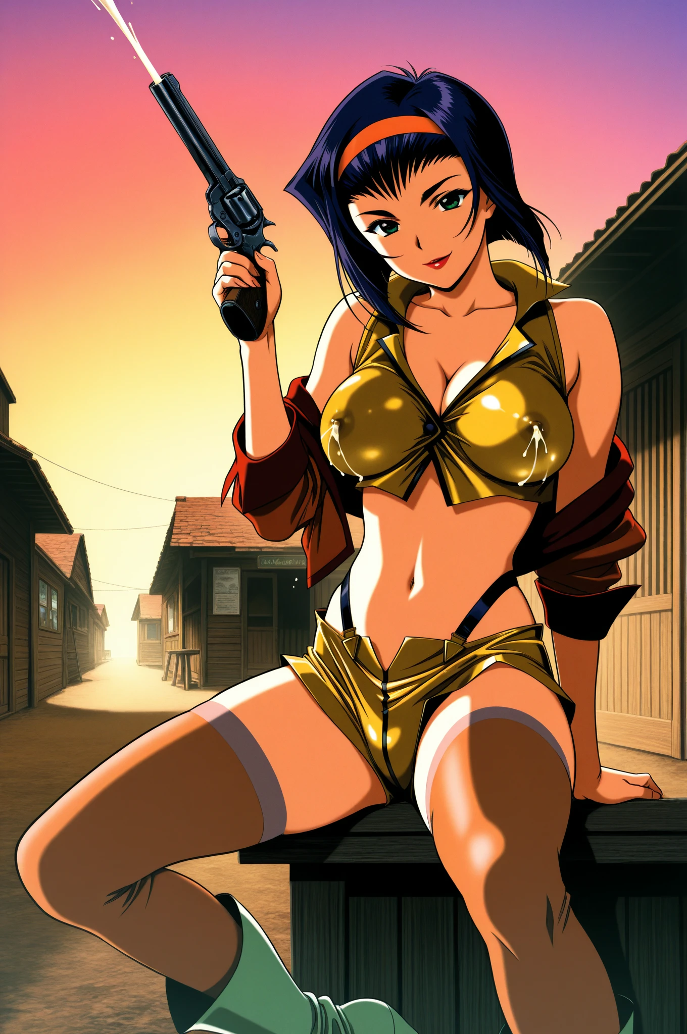 Tank girl with tiny panties and ripped top, crazy face, laughing, punk hair, mohawk hair, colored hair, slim and well-defined body, Waist slender, nude belly, coxas nuas, Dirty laundry, world after apocalypse, wasteland