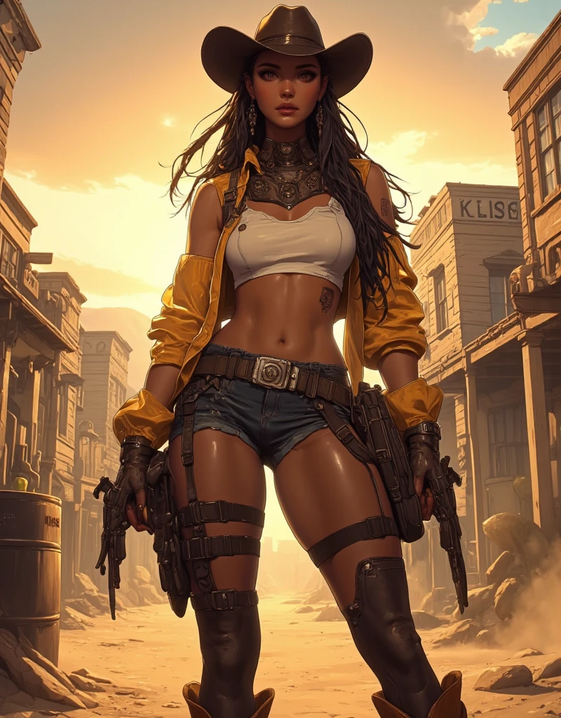 Zendaya, a naked Renaissance Gunslinger, huge breasts, Witch Woman, Tanned skin, jewelry earrings, Gunslinger futuristic golden loincloth, Futuristic pistols