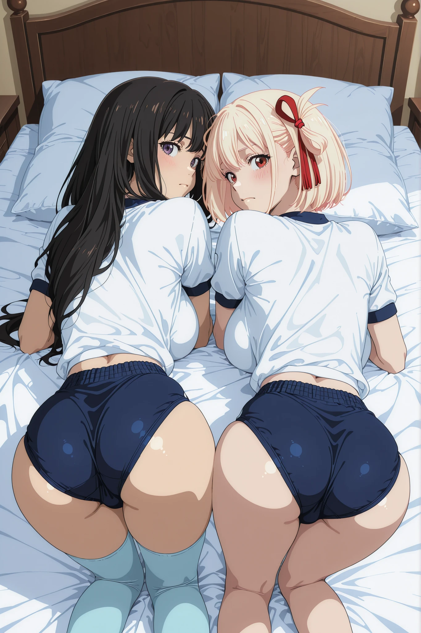 2girls, nishikigi chisato, inoue takina, lycoris recoil, couple, two women lined up, from behind, symmetry, perfect anatomy, on all fours, crawling, (big ass, fullback buruma, navyblue buruma:1.3), gym uniform, white t-shirts, thighhighs, huge breasts, looking at viewer, shy, blush, bed, masterpiece, best quality, very aesthetic, absurdres, official art, nsfw,