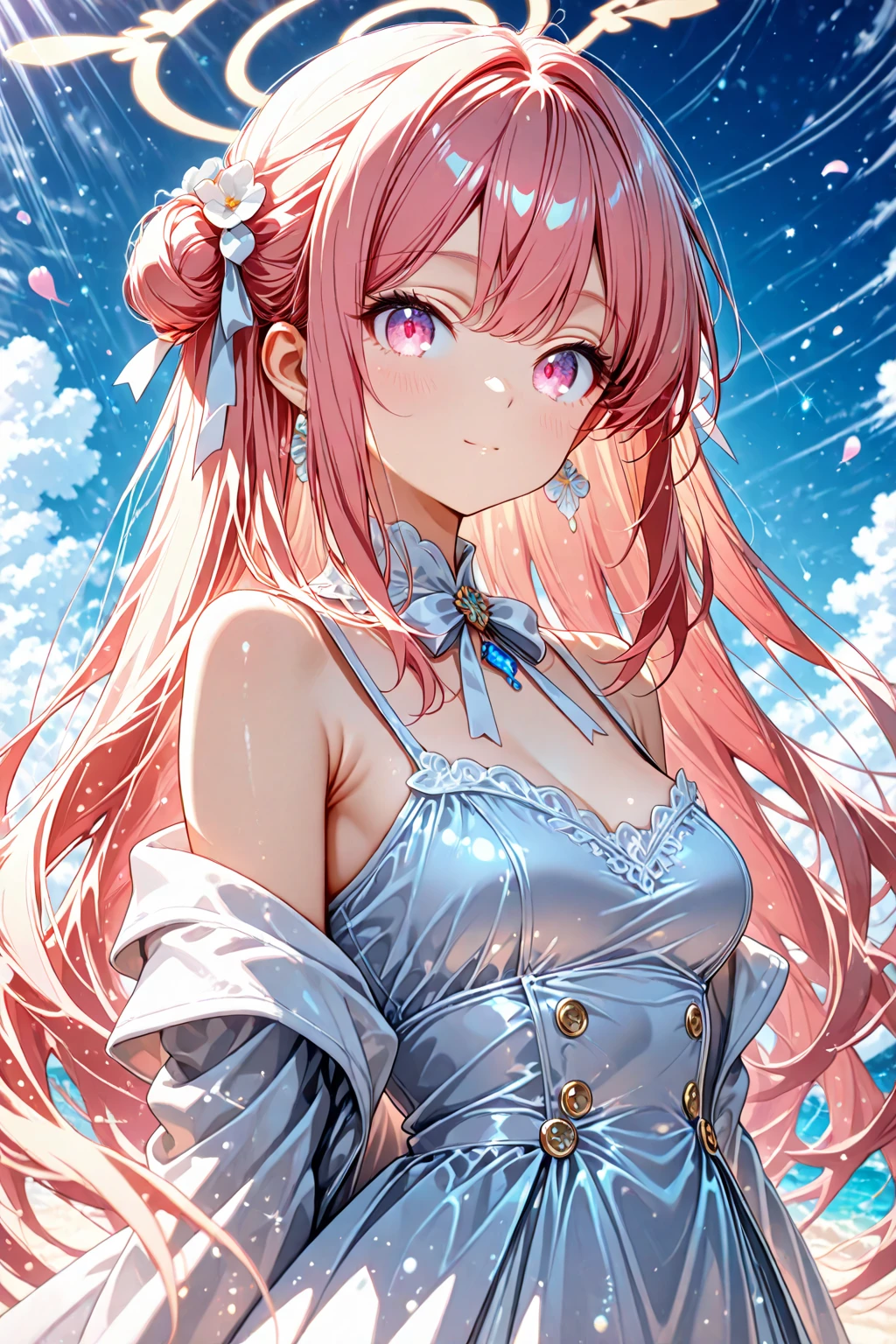 Masterpiece、Highest quality、Super detailed、1 girl、Light pink hair、Fluffy and soft long hair、Starry Skyのような瞳、Big Tits、Cleavage、The underboob is visible、Lace Underwear、Castle、snow、Starry Sky、Shimmering dresses、smile、Earrings、choker、Lace cape、Light blue fluffy dress、Composition seen from below、The underboob is visibleドレス