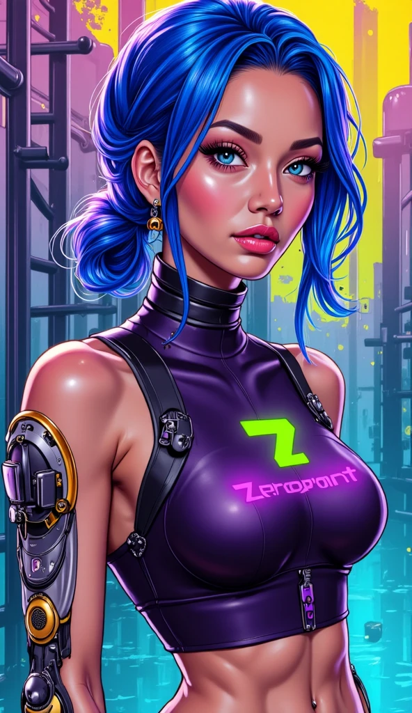 a digital painting of a woman with blue hair, cyberpunk art by Josan Gonzalez, behance contest winner, afrofuturism, synthwave, neon, glowing neon, huge breast